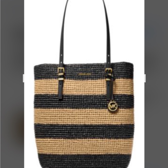 Michael Kors Large Black and Tan Woven Straw Tote - Picture 1 of 5
